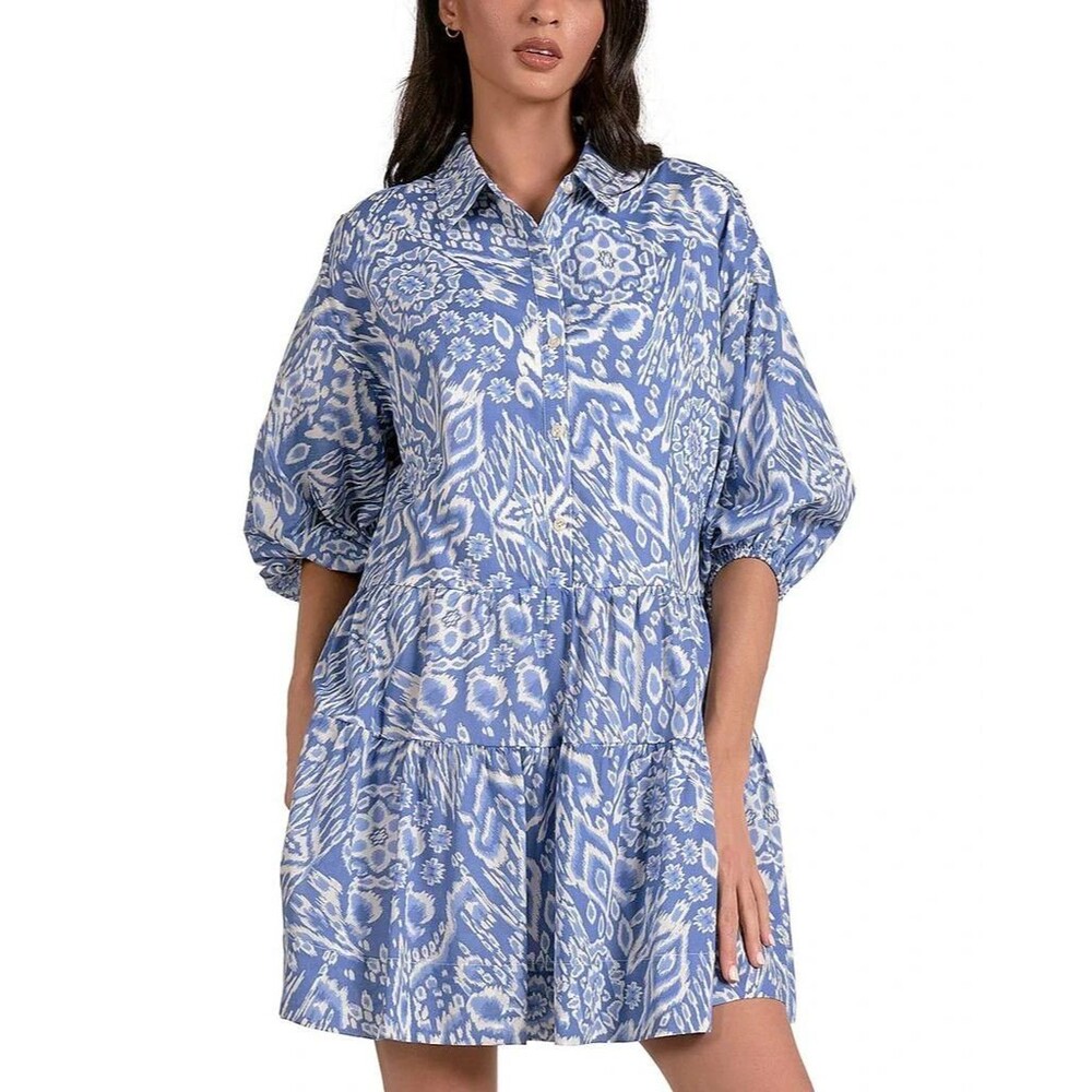 Elan XL Blue Beige Acorn Abstract Print Collared 3/4 Sleeve A-Line Dress Short L